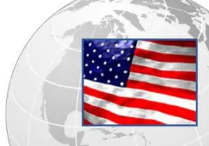 U.S. flag in a rectangle, overlaid on a faint grayscale globe in the background.