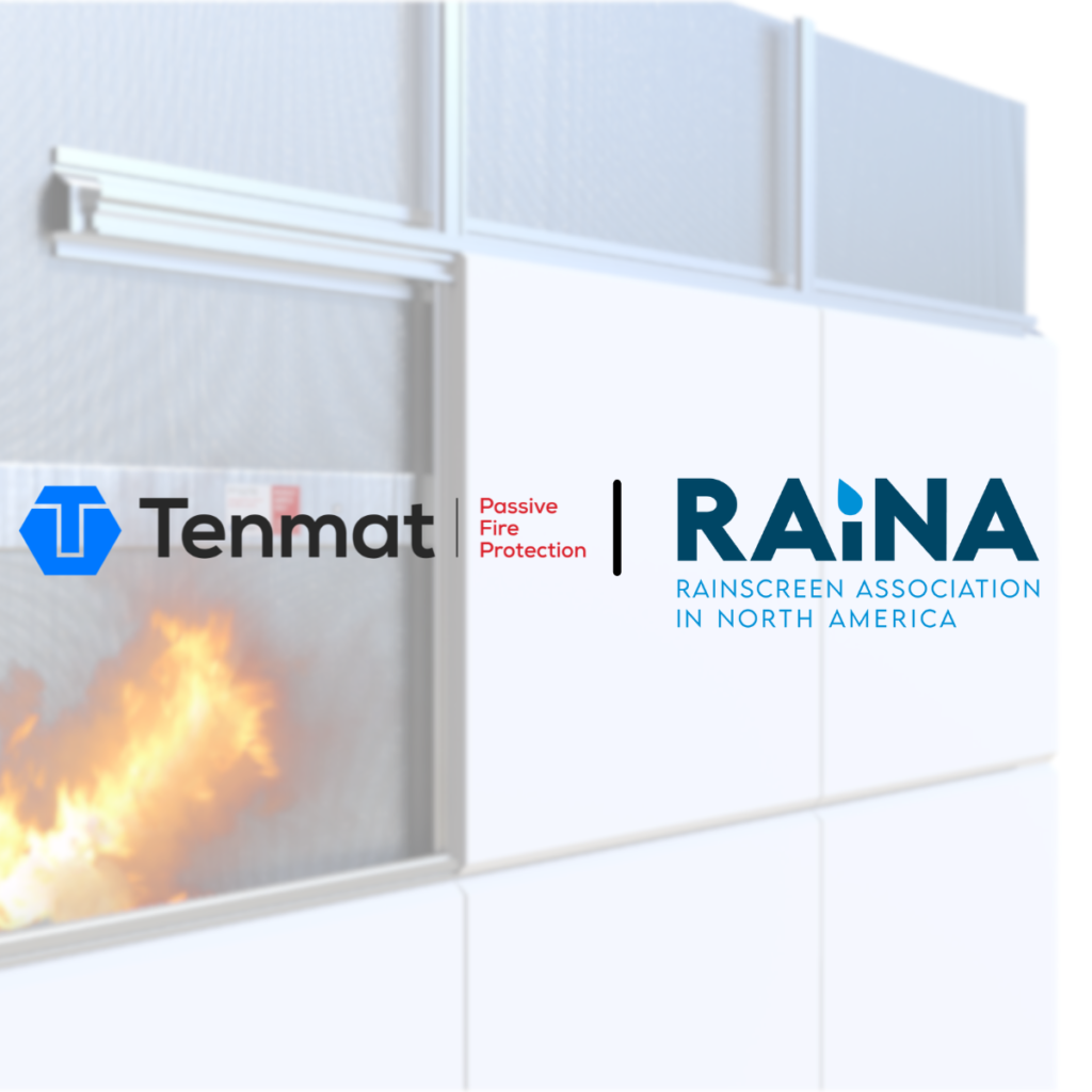 Logos of Tenmat and RAINA, with flames visible in a building wall section on the left side.