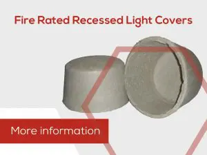 Two fire rated recessed light covers showcasing Passive Fire Protection, with red text saying More information.
