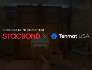 Stacbond and Tenmat USA logos superimposed on an NFPA 285 fire test.
