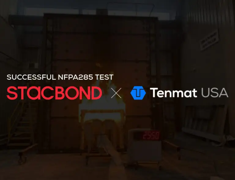 Stacbond and Tenmat USA logos superimposed on an NFPA 285 fire test.