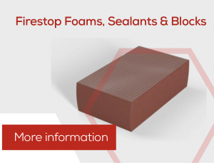 A brown firestop block with text: Firestop Foams, Sealants & Blocks. Discover more about Passive Fire Protection.