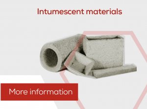 Various grey intumescent material samples showcasing Passive Fire Protection solutions, with the text Intumescent materials and More information.