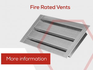 A silver metal fire-rated vent with angled slats, designed for Passive Fire Protection, labeled Fire Rated Vents and More information.
