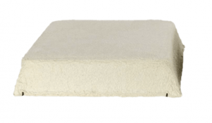 A square block of tofu on a white background.