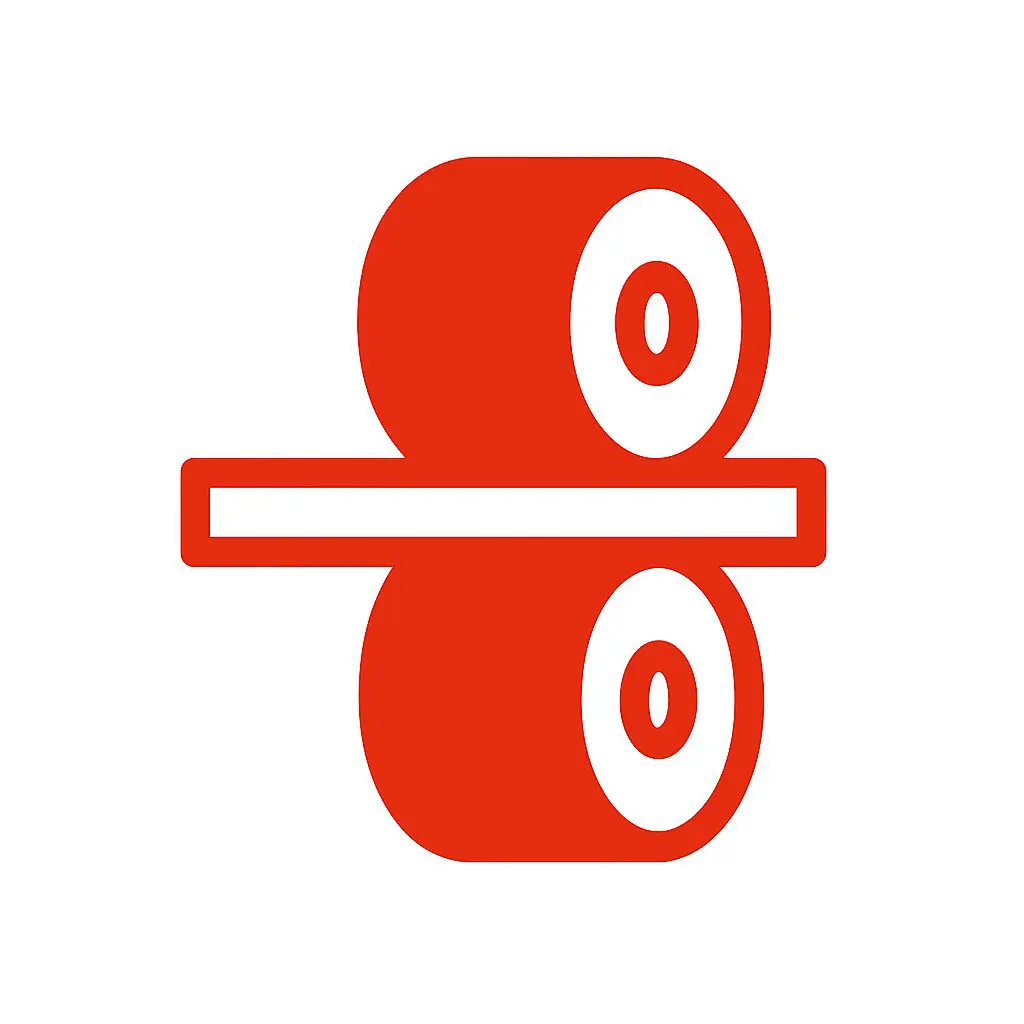 Two red rollers connected by a bar, forming an icon that looks like industrial machinery.