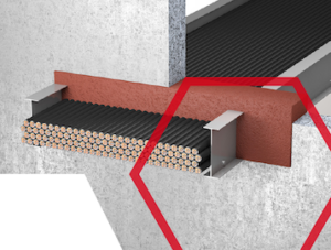 Cross-section of cables passing through a wall with firestop material and metal supports.