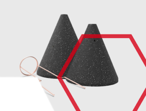 Two black cone-shaped objects with a thin metal loop and red geometric lines overlaid.