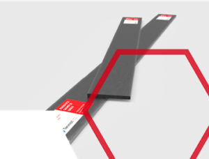 Two black rectangular tiles with red and white labels, overlapping on a light background with red hexagon outline.