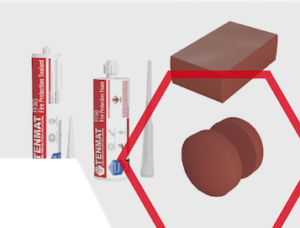 Two tubes of sealant, a brown brick, and two brown cylindrical objects on a white background with red lines.