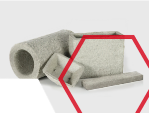 Four gray molded fiber packaging pieces with a red hexagon outline in the foreground.