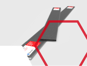 Two long, dark rectangular boards with red and white labels, crossed on a light background with red lines.