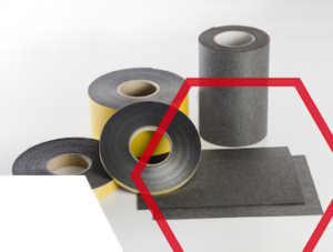 Several rolls and sheets of black adhesive material are displayed on a white background.