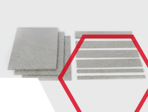 Gray rectangular cement boards stacked and lined up, with red hexagonal lines overlaid on the right side.
