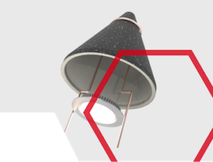 A conical black and white object with copper wires, overlaid by red and green geometric shapes.