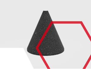 A black speckled cone with a red hexagon outline overlaid on a white background.