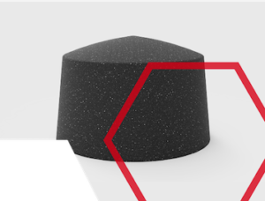 Black, speckled, cone-shaped object with red hexagon outline over a white background.