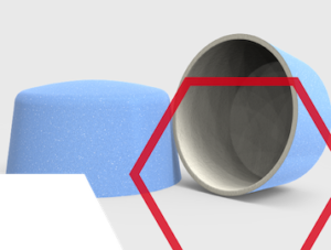 Two blue cylindrical objects, one upright and one tipped over, with a red hexagonal outline overlay.