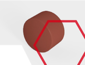 A brown cylinder next to a red outlined hexagon on a white background with a green corner.