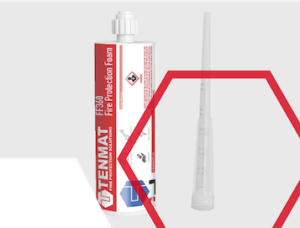 A tube of TENMAT FF300 fire protection foam with an application nozzle beside it.