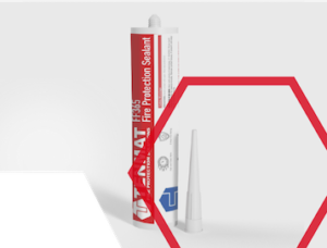 A tube of fire protection sealant with a white nozzle, partially framed by a red hexagon outline.