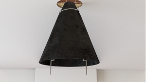 A black cone-shaped ceiling lampshade with a silver rim, viewed from below against a white ceiling, resembles modern recessed ceiling light covers.