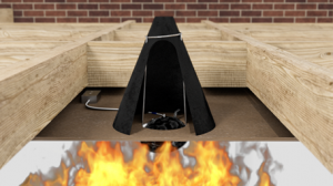 A black fire sprinkler head guard is installed under wooden floor joists above visible flames, near recessed ceiling light covers for added protection.