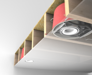 Cross-section of a ceiling with insulation and a recessed ceiling light partially installed.