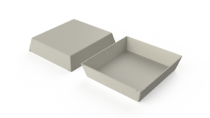Two beige, rectangular, disposable paper trays, one open and one with a lid placed beside it.