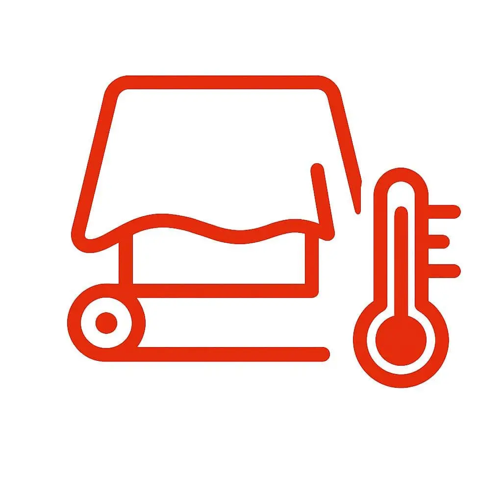 Red line icon of fabric and thermometer, symbolising heat or temperature in textiles.