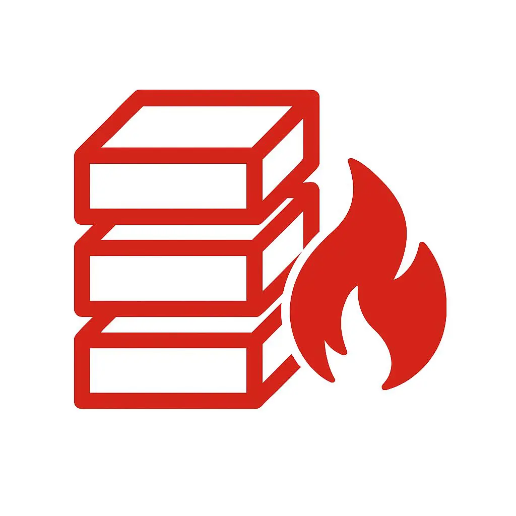 Stacked red bricks with a flame icon beside them, indicating fire or burning.