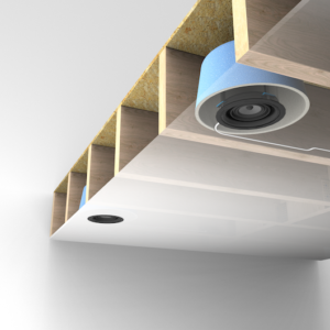 A ceiling cutaway showing a recessed light fixture with insulation and wooden beams.