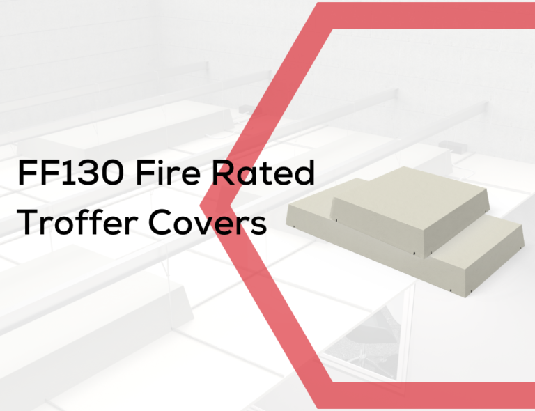 Tan fire rated troffer cover with text FF130 Fire Rated Troffer Covers on a light building background.