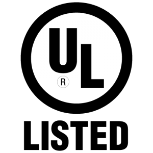 Black UL Listed certification logo with bold letters inside and below a black ringed circle, signifying compliance with safety standards such as fire barrier requirements.