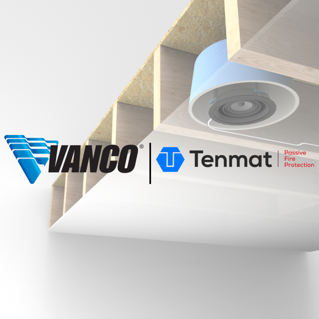 Ceiling cross-section with recessed light fixture and Vanco and Tenmat logos, highlighting passive fire protection.
