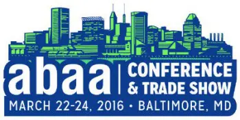 Logo for the abaa Conference & Trade Show, March 22-24, 2016, Baltimore, MD, with a city skyline.