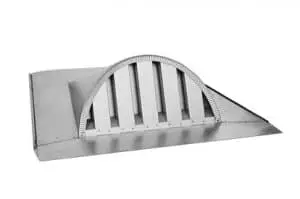 A metal wall vent with a curved top and vertical slats, designed for ventilation purposes and compatible with bird block vents.
