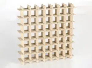 A beige, grid-like structure with intersecting horizontal and vertical panels forming square openings, designed for passive fire protection.