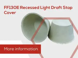 Two beige, bowl-shaped FF130E fire rated recessed light draft stop covers on a light background.