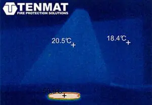Thermal image showing hot area at 53.9°C and cooler areas at 20.5°C and 18.4°C, highlighting the impact of recessed light insulation, with Tenmat logo at top left.
