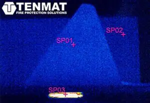 Thermal image showing three labeled hotspots (SP01, SP02, SP03) and the Tenmat Fire Protection Solutions logo, highlighting the need for recessed light insulation.