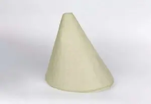 A plain, light-colored, cone-shaped object—resembling a recessed light insulation cover—rests on a white background.