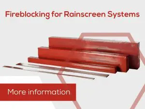 Four red Passive Fire Protection fireblocking products and metal strips with the text Fireblocking for Rainscreen Systems above.
