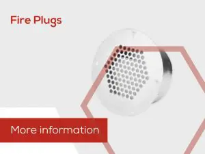 Metal fire plug with hexagonal pattern, featuring red text that reads Fire Plugs and More on a white background; pairs well with bird block vents for enhanced safety solutions.