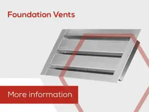Metal foundation vent with horizontal slats, ideal for foundation and bird block vents. Text reads Foundation Vents and More information.