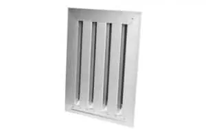 Metal air vent with four vertical slats on a white background, designed as a bird block vent to help prevent birds from entering.