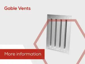Metal gable vent with vertical slats and bird block vents, text says Gable Vents and More information on a white background.