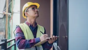 Construction worker in a hard hat and safety vest writing on a clipboard while inspecting a building’s Passive Fire Protection measures.