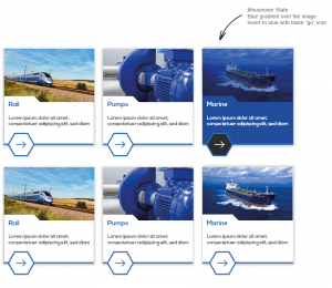 Grid with images of trains, pumps, and ships, with the Marine card highlighted by a blue gradient and dark arrow.