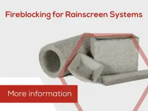 Grey passive fire protection fireblocking materials for rainscreen systems, with the text More information and a red geometric design.